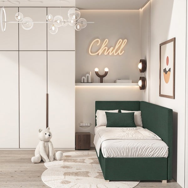 Tumši zaļa stūra bērnu gulta ar veļas kasti ar matraci 90x200 cm Flexi – Ghado-image-1