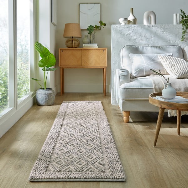 Pelēks ar rokām darināts celiņa paklājs no vilnas maisījuma 60x230 cm Minerals Diamond – Flair Rugs-image-1