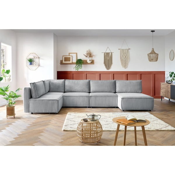 Gaiši pelēks velveta stūra dīvāns (U veida/ar maināmu stūri) Nihad modular – Bobochic Paris-image-1