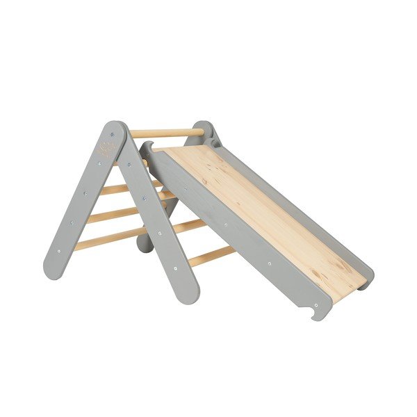 Pelēks priedes masīvkoka kāpelēšanas trijstūris 46x87x60 cm Montessori – Meowbaby