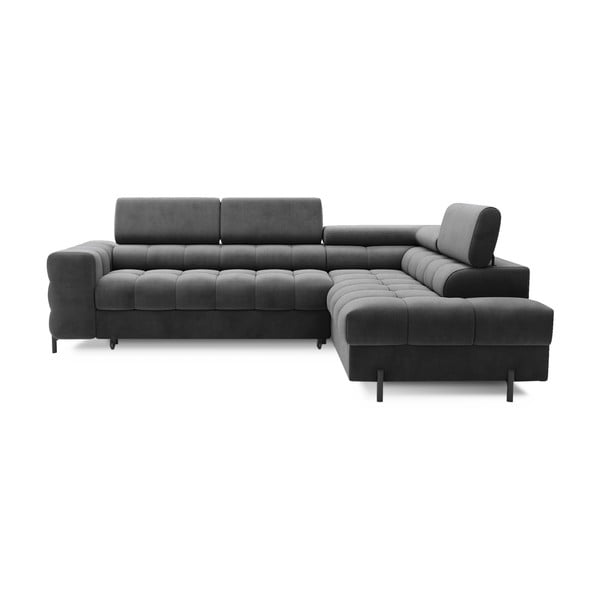 Tumši pelēks samta salokāms/ar uzglabāšanas vietu stūra dīvāns (ar labo stūri/L veida) Ferucce – ELTAP