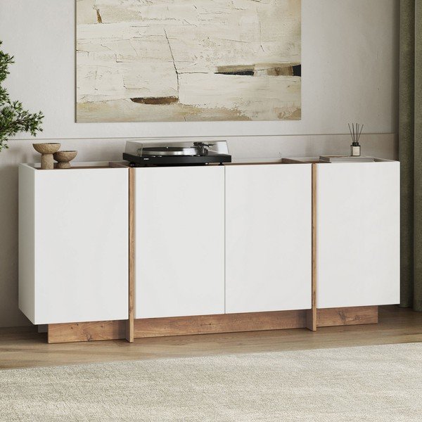 Balta kumode ar priedes koka imitāciju ar caurumu vadiem 180x80x45 cm Dorma – Kalune Design-image-3