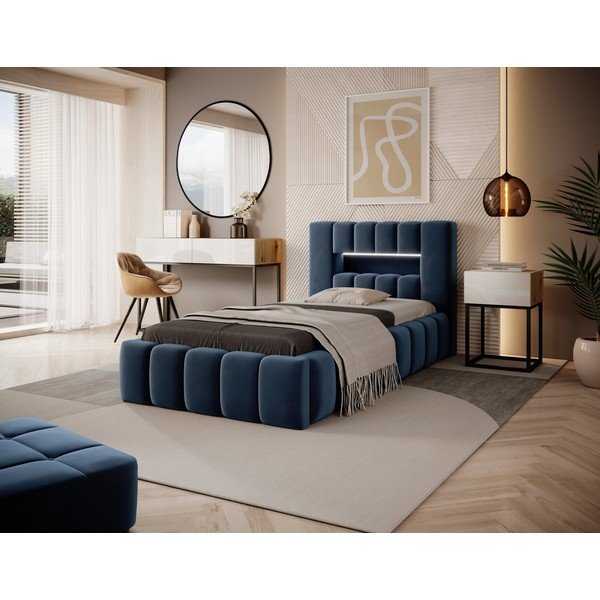 Tumši zila polsterēta vienvietīga gulta ar veļas kasti un ar redelēm 90x200 cm Lamica – ELTAP-image-1