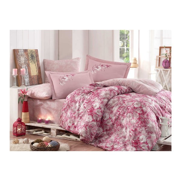 Kokvilnas satīna veļa ar divguļamās gultas pārklāju Romina Pink, 200 x 220 cm