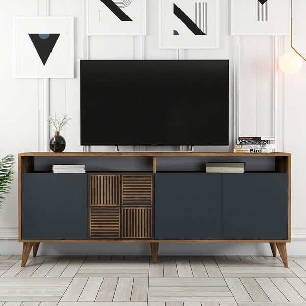 Antracīta pelēka/dabīga toņa zema kumode ar riekstkoka imitāciju 180x79 cm Milan – Kalune Design-image-3