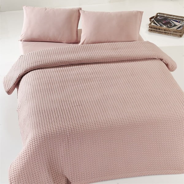 Bēšas un rozā krāsas viegls kokvilnas pārklājs divguļamai gultai Dusty Rose Pique, 190 x 225 cm