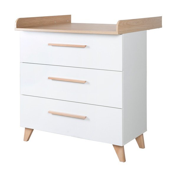 Balta bērnu kumode ar ozolkoka imitāciju un pārtinamo galdiņu 88,5x99x76 cm Léon – Roba