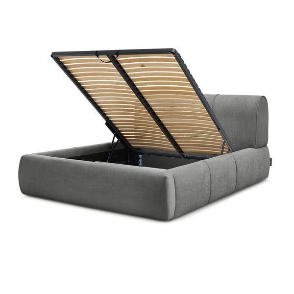 Pelēka polsterēta divvietīga gulta ar veļas kasti un režģi 160x200 cm Vernon – Bobochic Paris-image-4