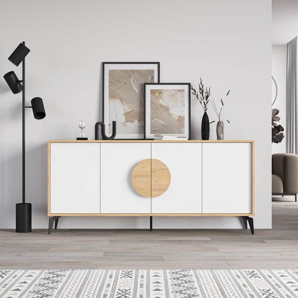 Balta/dabīga toņa zema kumode ar ozolkoka imitāciju 180x82 cm Vae – Marckeric-image-3