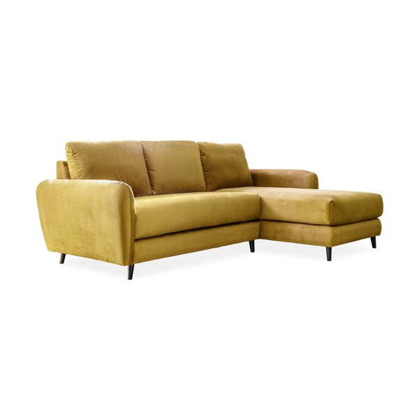Dzeltens samta stūra dīvāns ar kāju soliņu Miuform Cozy Claire, labais stūris