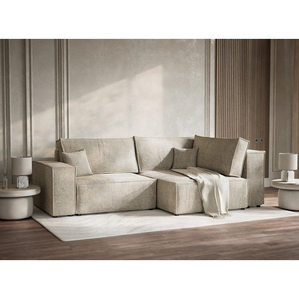 Bēšs salokāms stūra dīvāns no šenila auduma ar uzglabāšanas vietu (ar labo stūri/L veida) Tonga – Maison de Rêve-image-4