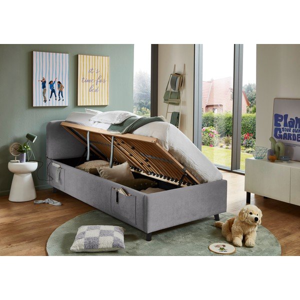 Pelēka bērnu gulta ar veļas kasti ar redelēm 90x200 cm Cosy – Meise Möbel-image-2