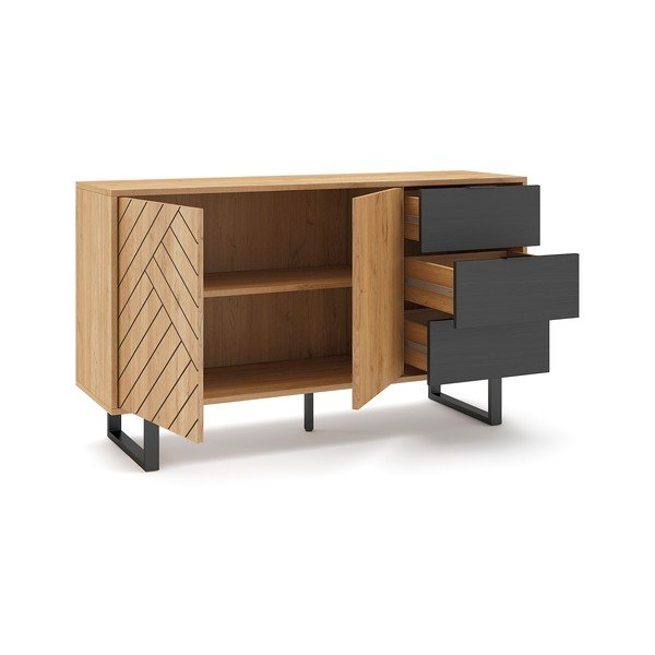 Antracīta pelēka/dabīga toņa zema kumode ar ozolkoka imitāciju 140x80 cm Madona – Marckeric-image-4