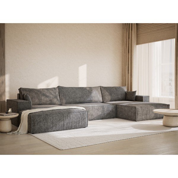 Pelēks salokāms (U veida) stūra dīvāns no šenila auduma ar uzglabāšanas vietu Kyoto – Maison de Rêve-image-1