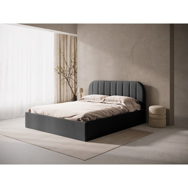 Antracīta pelēka polsterēta divvietīga gulta ar veļas kasti/bez galvgaļa ar redelēm 200x200 cm Susan – Micadoni -image-1