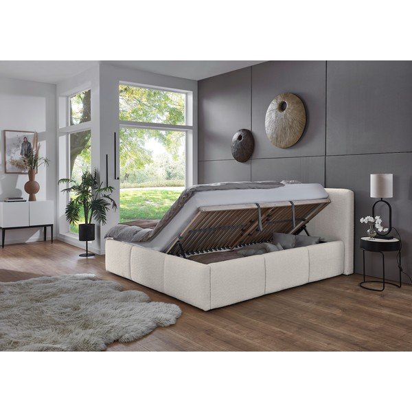 Ziloņkaula krāsas polsterēta divvietīga gulta ar veļas kasti ar redelēm 180x200 cm Merida – Meise Möbel-image-2