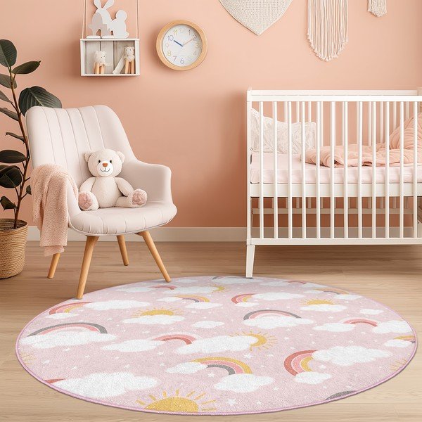 Rozā mazgājams bērnu paklājs ø100 cm Rainbow World – Mila Home-image-3