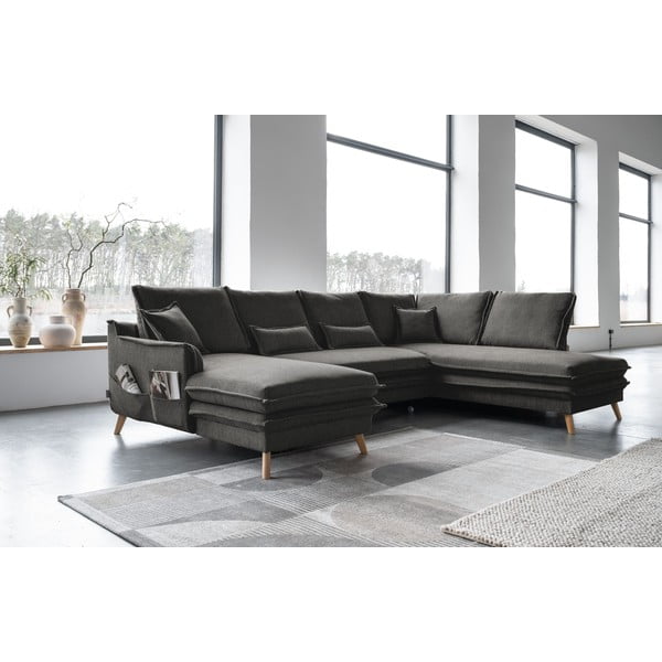 Tumši pelēks salokāms stūra dīvāns (ar labo stūri/U veida) Charming Charlie – Miuform-image-3