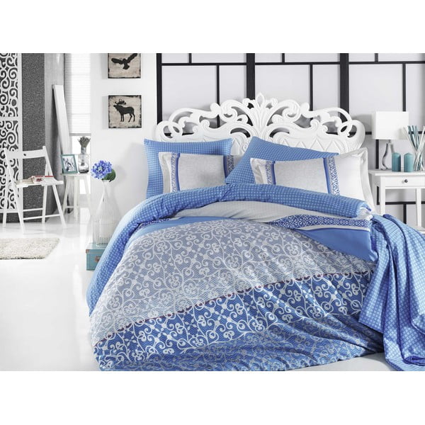 Zila kokvilnas satīna gultasveļa ar palagu divguļamai gultai Laura, 200 x 220 cm