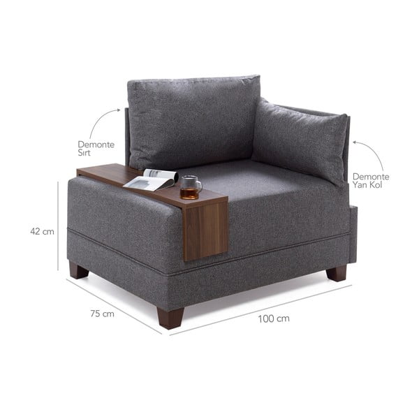 Pelēks krēsls ar roku balstu labajā pusē un uzglabāšanas dēli Balcab Home Martha-image-1