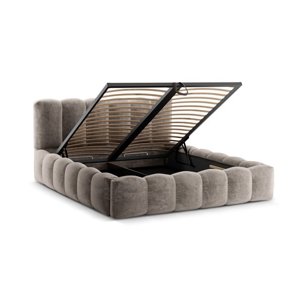 Gaiši brūna polsterēta divvietīga gulta ar veļas kasti un redelēm 180x200 cm Lupine – Micadoni Home-image-2