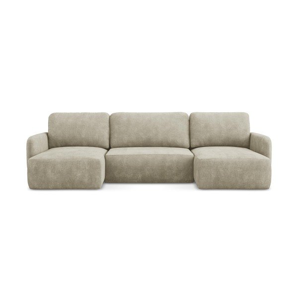 Bēšs salokāms (U veida) stūra dīvāns no šenila auduma ar uzglabāšanas vietu Lilo – Makamii