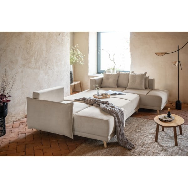 Bēšs velveta salokāms stūra dīvāns (ar labo stūri/U veida) Lazy Lukka – Miuform-image-4