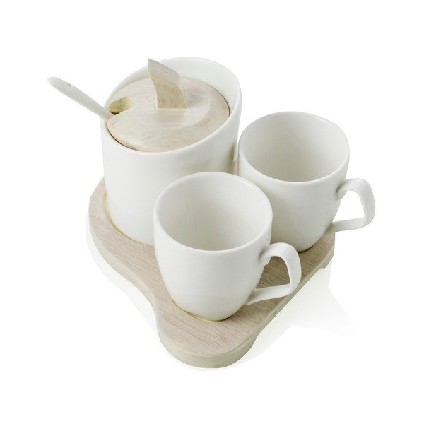 2 porcelāna krūzes un cukurkarote ar karoti uz bambusa paplātes Brandani Square-image-1