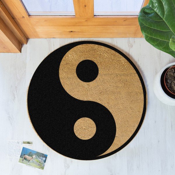 Melns apaļš paklājs no dabīgās kokosšķiedras Artsy Doormats Yin Yang, ⌀ 70 cm-image-1