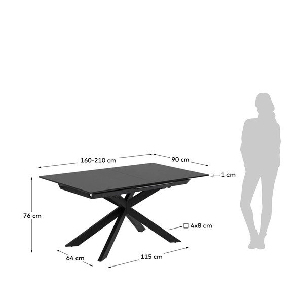 Melns izvelkams ēdamgalds ar stikla galda virsmu 90x210 cm Atminda – Kave Home-image-4