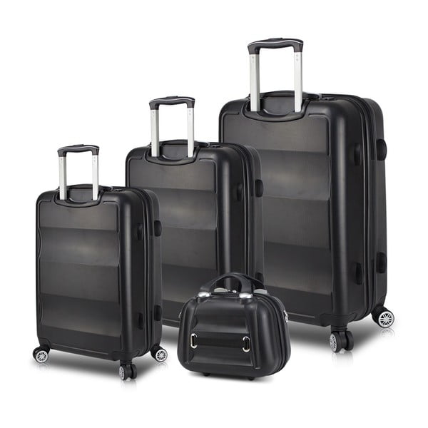 3 melnu ceļojuma koferu komplekts uz riteņiem ar USB pieslēgvietām un rokas somu My Valice LASSO Travel Set