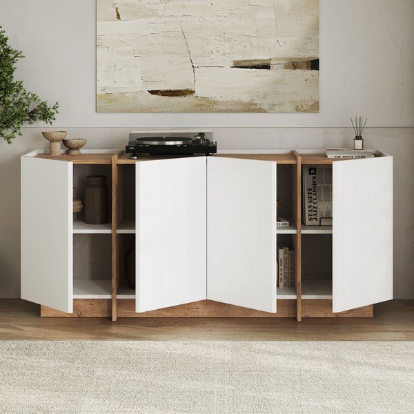 Balta kumode ar priedes koka imitāciju ar caurumu vadiem 180x80x45 cm Dorma – Kalune Design-image-2