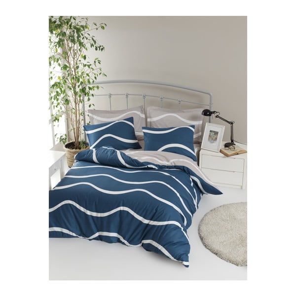 Divvietīgas gultas pārklājs ar gultas veļu no ranforce kokvilnas Mijolnir Novia Blue, 200 x 220 cm