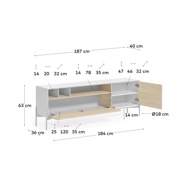 Balta TV kumode ar oša koka durvīm Kave Home Marielle, platums 187 cm-image-3