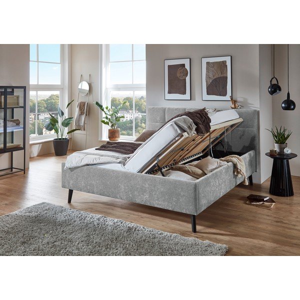 Pelēka polsterēta divvietīga gulta ar veļas kasti ar redelēm 180x200 cm Nova – Meise Möbel-image-2