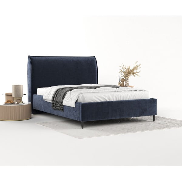 Tumši zila polsterēta divvietīga gulta ar veļas kasti un redelēm 140x200 cm Shell – Maison de Rêve-image-1