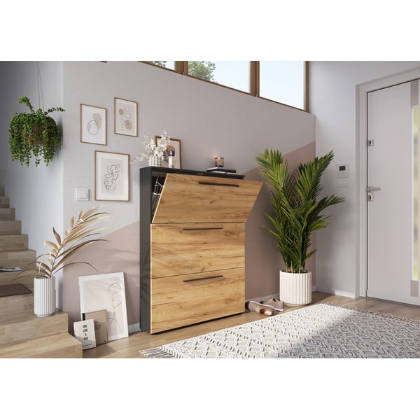 Tumši pelēks atvāžams apavu statīvs ar ozolkoka imitāciju Wildomar – Germania-image-4