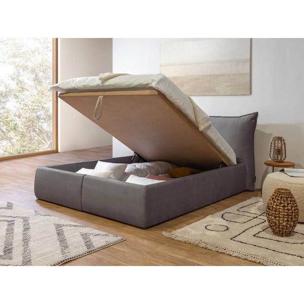 Tumši pelēka samta polsterēta divguļamā gulta ar uzglabāšanas vietu un režģi 160x200 cm Jade – Bobochic Paris-image-4