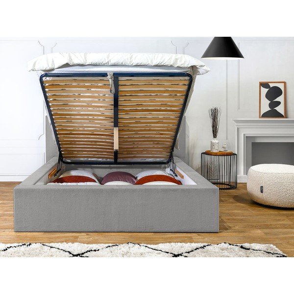 Gaiši pelēka polsterēta divvietīga gulta ar veļas kasti ar redelēm 160x200 cm Nihad – Bobochic Paris-image-4