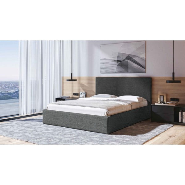 Antracīta pelēka polsterēta divvietīga gulta ar veļas kasti un redelēm 180x200 cm Bufo – MESONICA-image-1