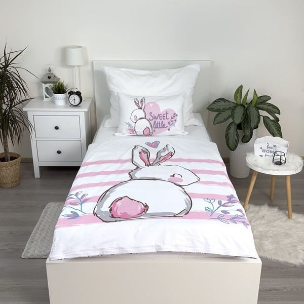 Balta/rozā kokvilnas bērnu gultas veļa 100x135 cm Bunny "Sweet" – Jerry Fabrics-image-2
