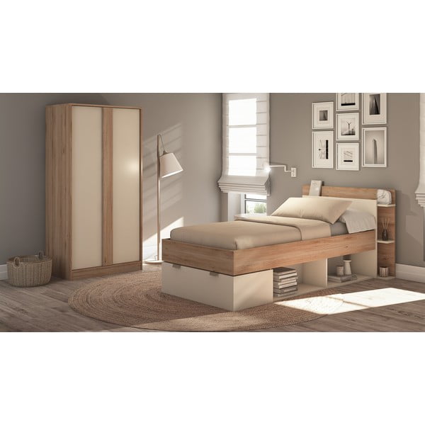 Krēmkrāsas/dabīga toņa drēbju skapis ar ozolkoka imitāciju 90x180x53 cm Dennis – Marckeric-image-1