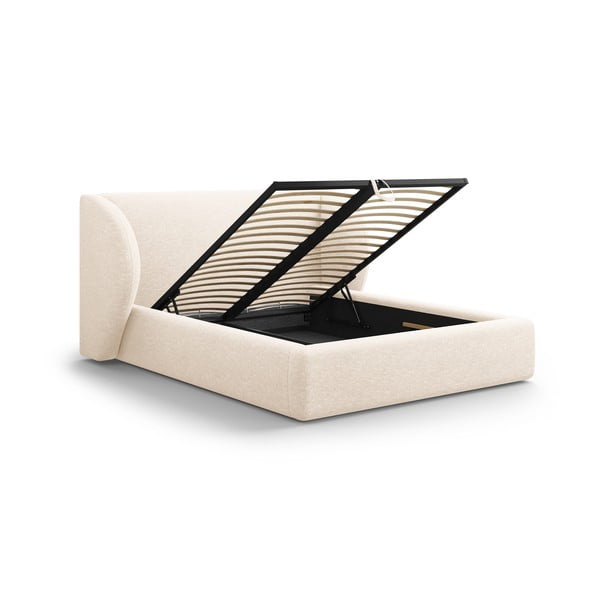 Krēmkrāsas polsterēta divvietīga gulta ar veļas kasti un redelēm 180x200 cm Miley – Micadoni -image-3