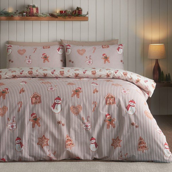 Dabīga toņa divguļamā gultas veļa 230x220 cm Christmas Gingerbread Stripe – Catherine Lansfield