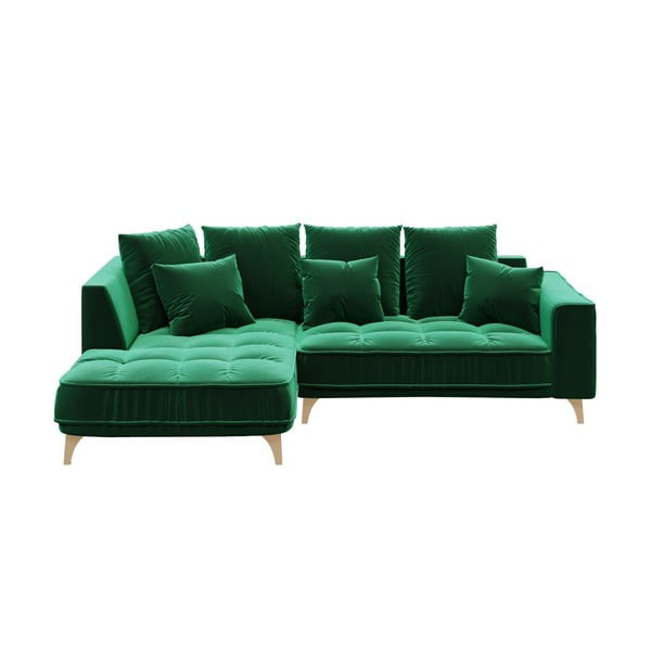 Tumši zaļš samta stūra dīvāns Devichy Chloe, kreisais stūris, 256 cm