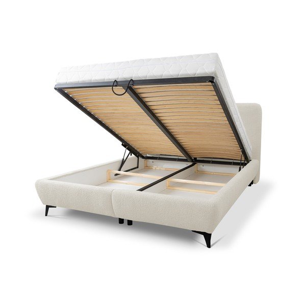 Bēša polsterēta divvietīga gulta ar veļas kasti un redelēm 140x200 cm Makapu – Makamii-image-1