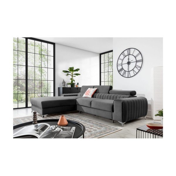 Tumši pelēks samta salokāms/ar uzglabāšanas vietu stūra dīvāns (ar kreiso stūri/ar zvilni) Grayson – ELTAP-image-1