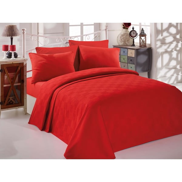 Sarkana kokvilnas gultas pārklāja, palagi un spilvendrānas komplekts divguļamai gultai EnLora Home InColor Red, 160 x 235 cm