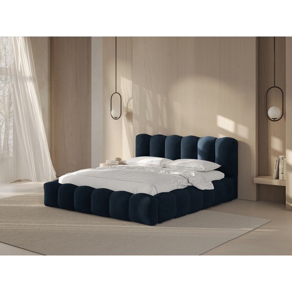 Tumši zila polsterēta divvietīga gulta ar veļas kasti ar redelēm 200x200 cm Lupine – Micadoni -image-1