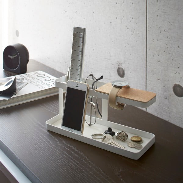 Balts daudzfunkcionāls statīvs ar dižskābarža koka detaļām YAMAZAKI Tower Desk Bar-image-1